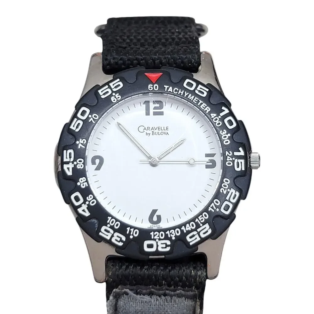Caravelle by Bulova Mens Sport Tachymeter Watch 45A00 White Dial Quartz